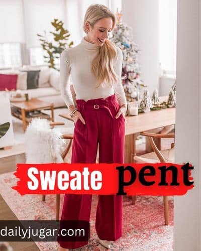 40 Christmas Outfits Ideas that Make You Look to be an Extra-A Beige Sweater + Palazzo Jeans