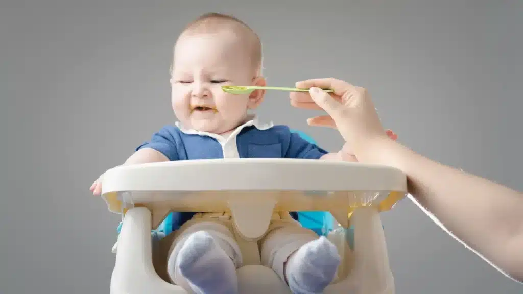 Baby making a silly face while playing with a toy.