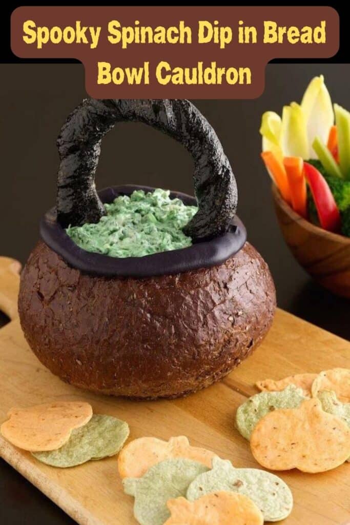 Spooky Spinach Dip in Bread Bowl Cauldron